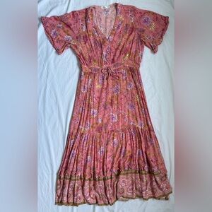 Pink Floral V-Neck Maxi Dress with Tie Waist